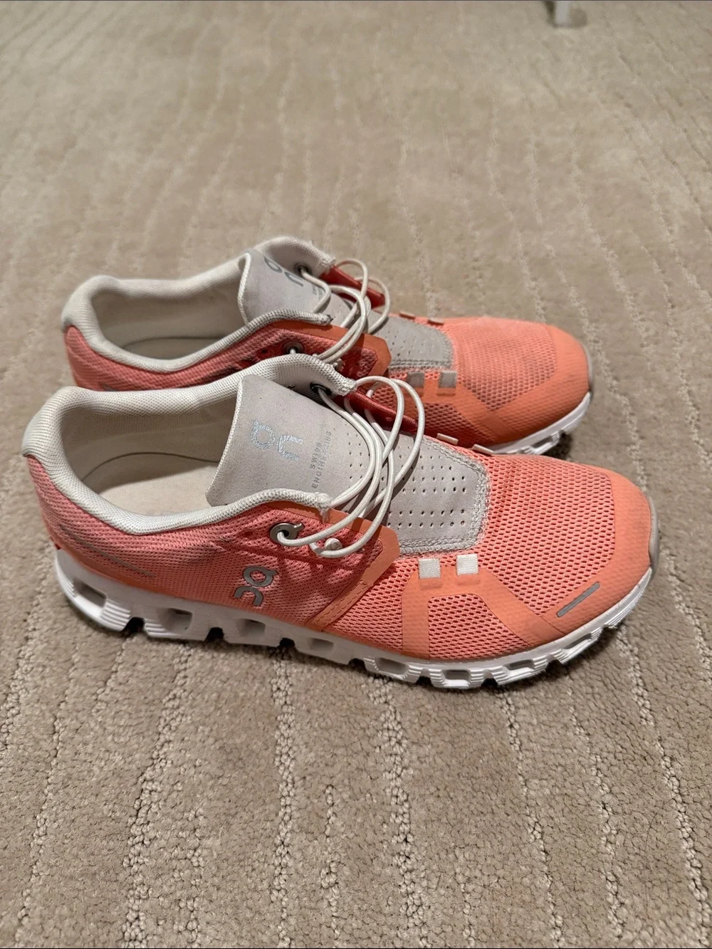 On Running Coral and White Women's Athletic Shoes - Picture 1 of 4